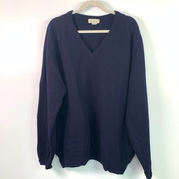 LL Bean Mens Tall Pure Lambswool Navy Blue V-neck Cardigan Sweater XL - Picture 1 of 6